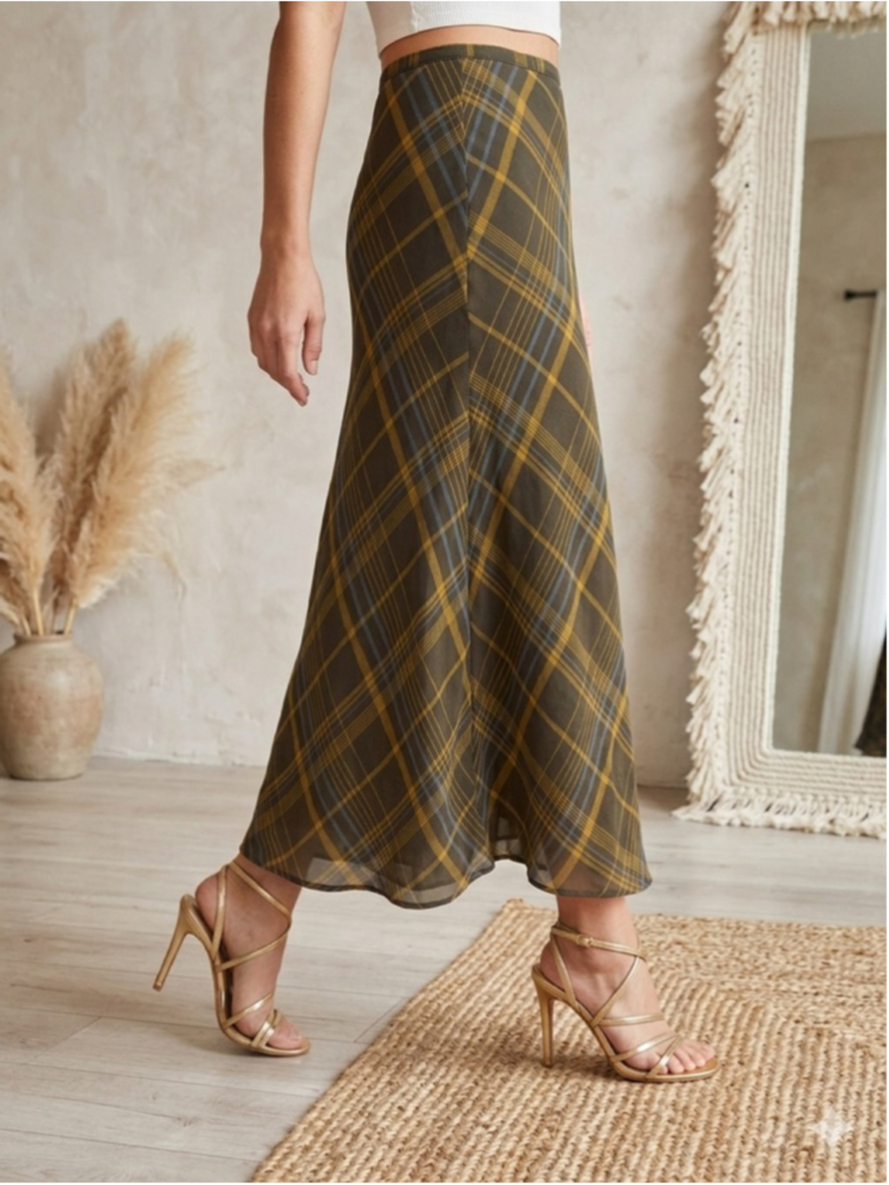 SPIEGEL 100% Silk Plaid Maxi Skirt Size 14P Brown Gold Bias Cut Chiffon Y2K Boho